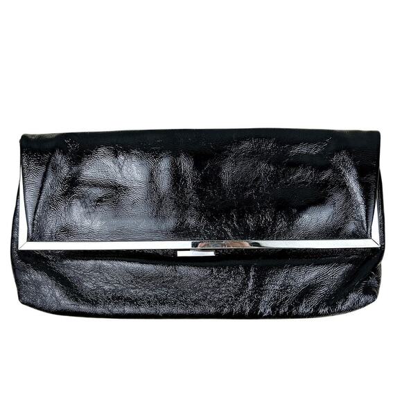 Hobo Clutch Purse Black Patent Leather Large Magnetic Fold Foldover Bag - Picture 1 of 12